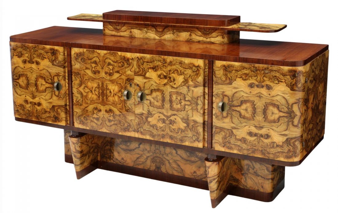 FRENCH ART DECO MATCHED BURL WALNUT SIDEBOARD: French Art Deco book matched burled walnut and mahogany sideboard, of rectangular form with central lockable doors flanked by two side doors, all opening to shelved storage, minor loss on front edge, 