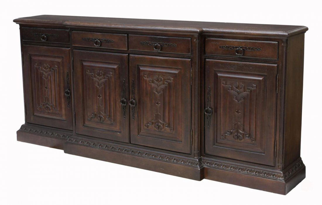 HABERSHAM BILTMORE ESTATE SIDEBOARD / TV STAND: Habersham Biltmore Estate Collection breakfront sideboard, suitable for use as a flat screen television stand, walnut color finish with four frieze drawers over four doors with linen fold carved panel