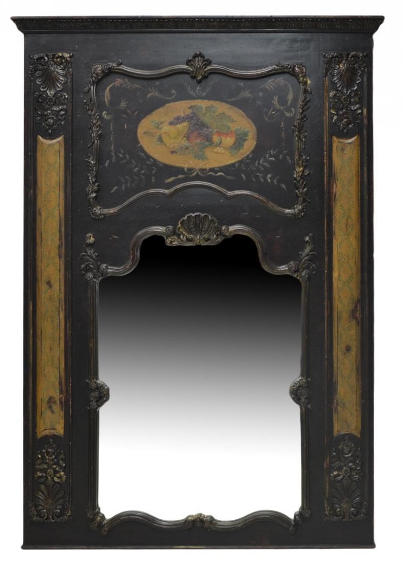 HABERSHAM PLANTATION TRUMEAU MIRROR: Habersham Plantation trumeau mirror, a stepped cornice over a handpainted floral reserve, the shaped mirror framed with shell and foliate carving, 74"h, 55"w 4.5"h, 50"w Start Price: $400.00