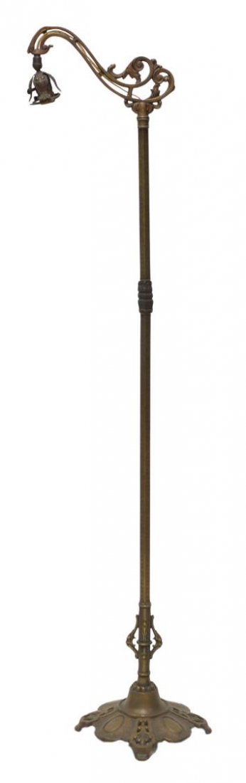 REMBRANDT GILDED IRON BRIDGE FLOOR LAMP: Vintage bridge floor lamp by Rembrandt, gilt iron bridge of scrolling foliate form over a central standard of brass over iron having clover decoration, raised on a pierced and hammered base, signed an