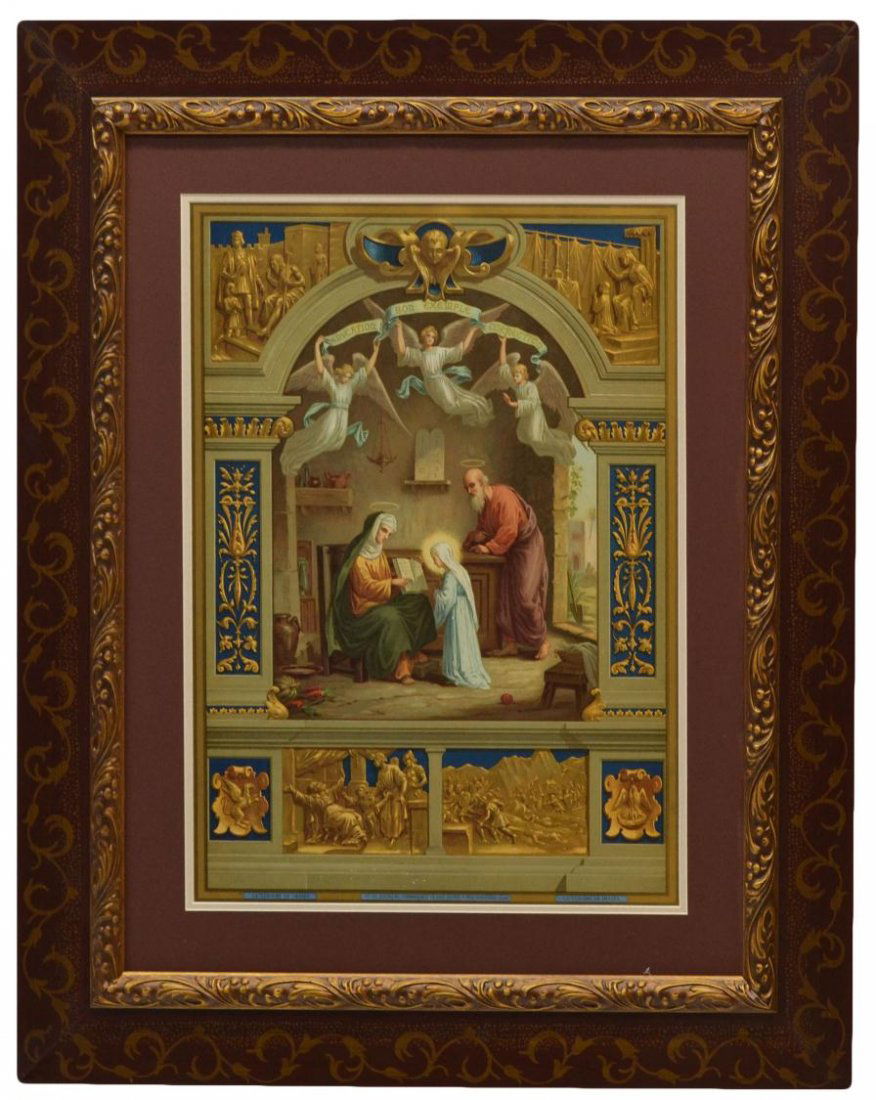 FRENCH ANTIQUE RELIGIOUS PRINT, LES COMMANDMENTS: Framed French religious print, c. 1900, ’Les Commandements, Quatrième Commandement de Dieu (suite) : Tes père et mère honoreras, Afin de vivre longuement.', plate 36, religious scene taken from t