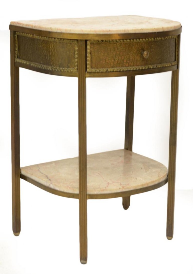 SPANISH MARBLE TOP GILT METAL SIDE TABLE: Spanish side table, 20th c., a demilune marble top over the gilt metal frieze with a single drawer, a lower marble top shelf, all rising on square metal legs, 25.5"h, 17.75"w, 13.5"d Start Price: $100
