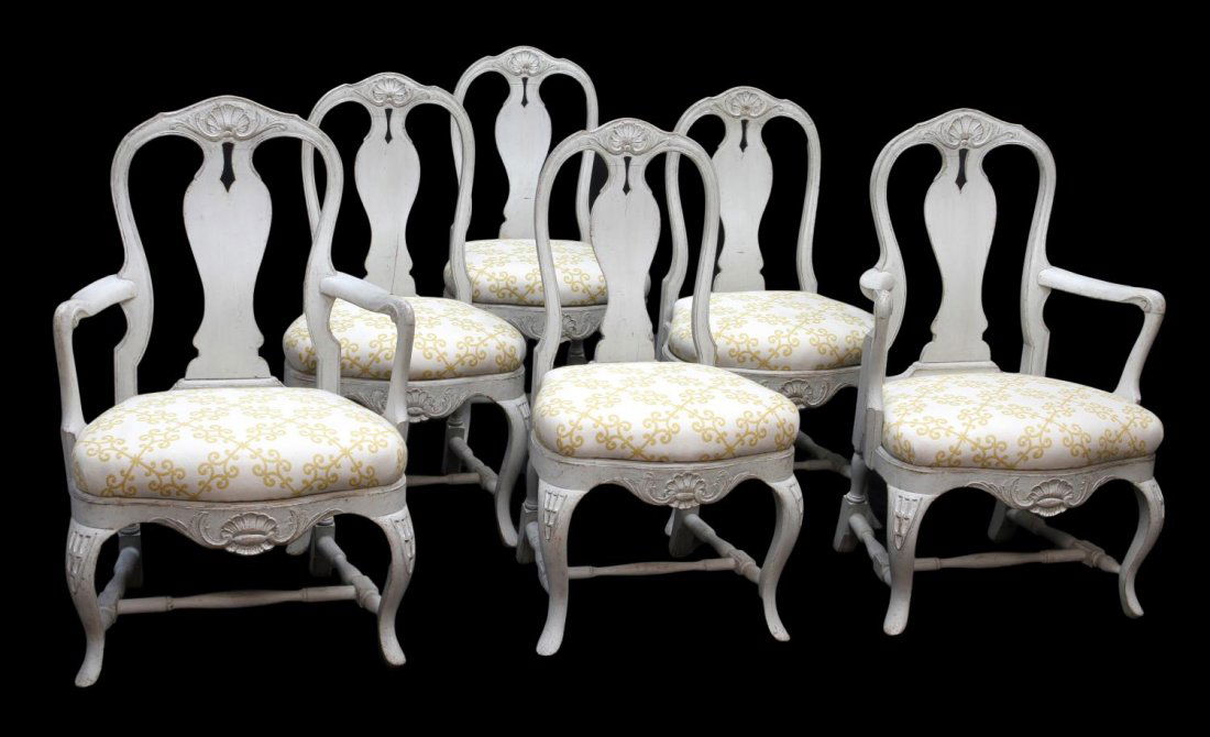 (6) ANTIQUE QUEEN ANNE STYLE PAINTED CHAIRS: (lot of 6) Queen Anne style chairs in white paint, Sweden, c. 1900, each with shell carved crest rail, pierced splat, later upholstered seat, shell carved apron, all rising on stretcher joined carbrio