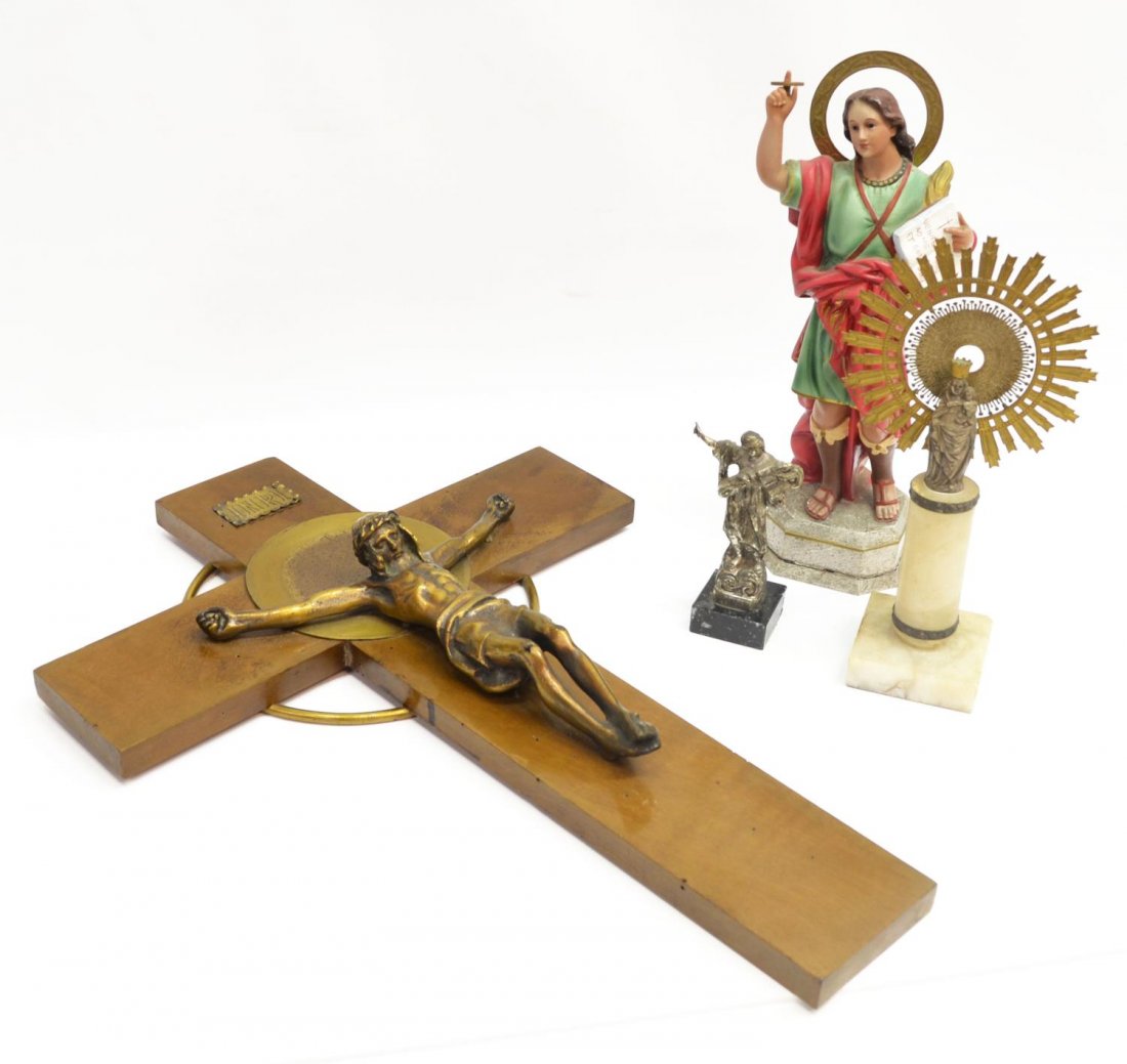 (4) VINTAGE SPAIN RELIGIOUS CROSS & FIGURES: (lot of 4) Collection of vintage religious items, Spain, including: (1) heavy wood wall cross hung with bronze corpus, 22"h, 15.5"w; (2) small statues having marble bases, one titled 'S. Panracio', ea