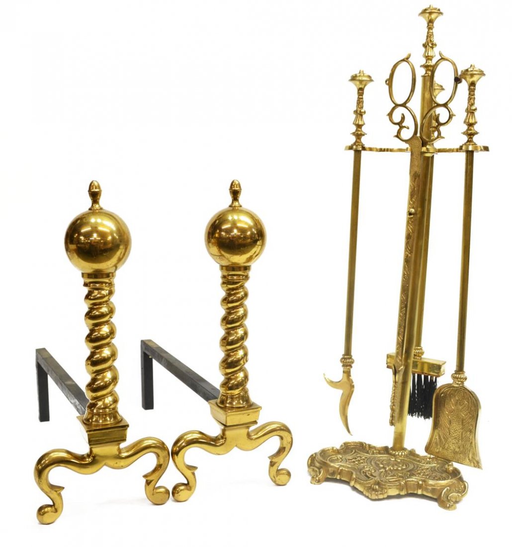 CONTINENTAL BRASS ANDIRONS & FIREPLACE TOOLS: (lot) Continental brass fireplace set and andirons, comprising: (pair) gilt brass and wrought iron andirons, ball form finial surmounting spiral shaft, on scrolled feet, approx 18.5"h, 7.5"w, 19"l, (5