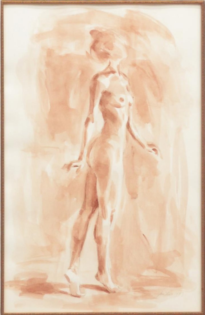 WATERCOLOR, NUDE STUDY, MILES WILLIAMS MATHIS: Framed watercolor on paper, Pas De Bourrée, pencil signed Miles (Miles Williams Mathis, Texas, Massachusetts, 20th c.) and dated 1993, lower right, pen notations and gallery tag verso, sight: 22.75"h