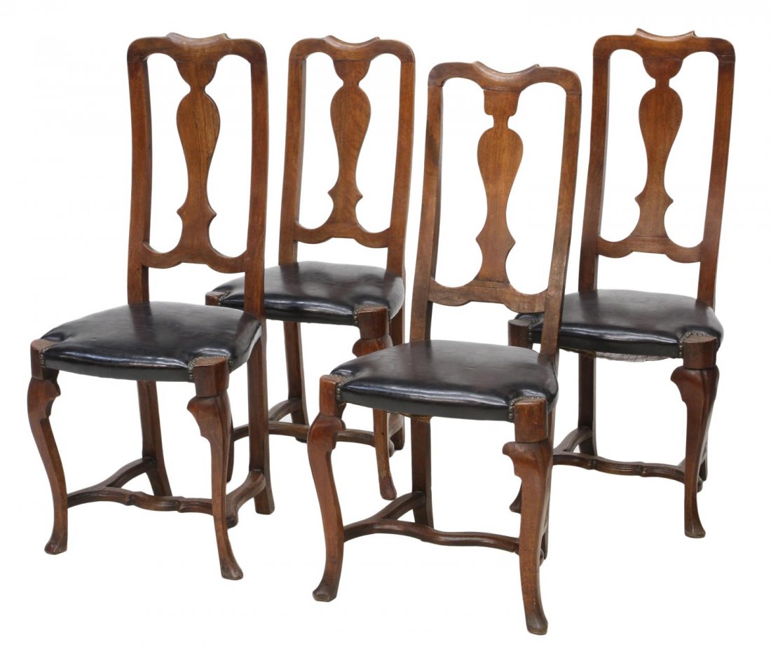 (4) ANTIQUE QUEEN ANNE CHAIRS, 18TH C.: (lot of 4) Antique Queen Anne chairs, likely 18th c., a high back with shaped splat, the seat with later black upholstery, cabriole legs with flared Spanish foot, restorations, 41.5"h, 18.5"w, 16"d St