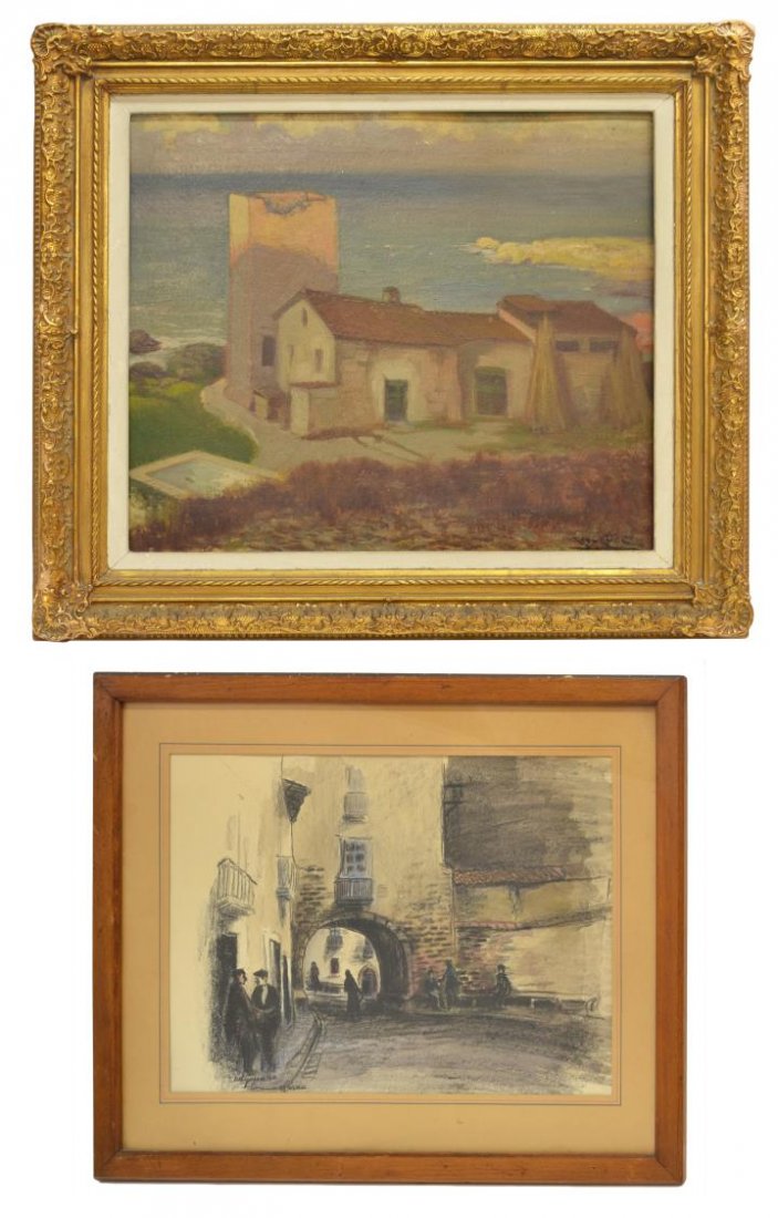 (2) FRAMED ARTWORK, PAINTING & DRAWING, SIGNED: (lot of 2) Group of art, comprising: (1) framed painting on board, House by the Sea, illegibly signed lower right, sight: 16.75"h, 18.5"w, 23.5"h, 25.25"w; (1) framed print with charcoal drawing, Stre