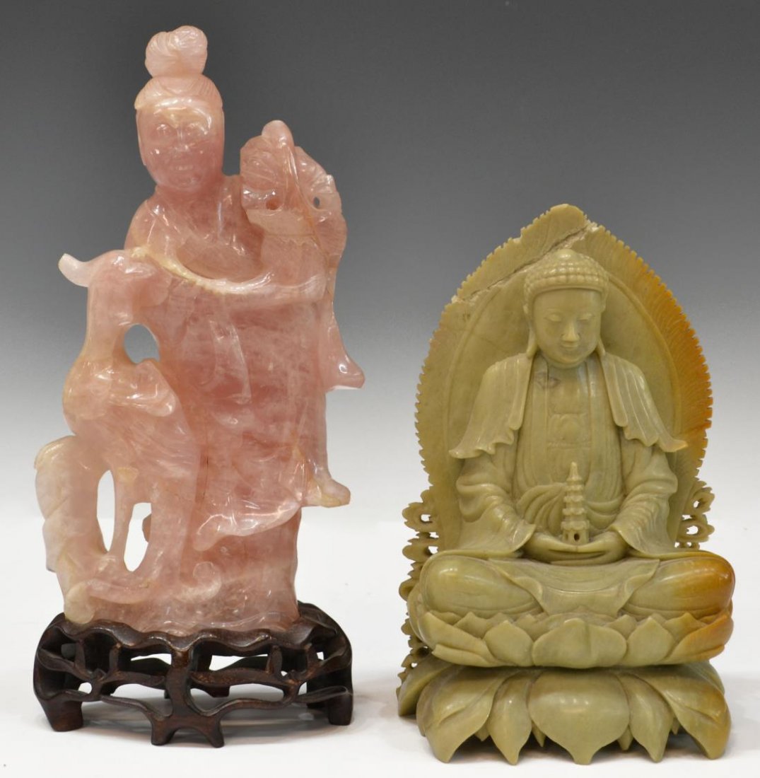 (2) CHINESE CARVED ROSE QUARTZ & SOAPSONE FIGURES: (lot of 2) Chinese carved stone figures, comprising: (1) of soapstone, Buddha seated on a lotus flower holding a pagoda, backed by conforming mandorla, intact with fissure at top, some losses, 8"h, 4.