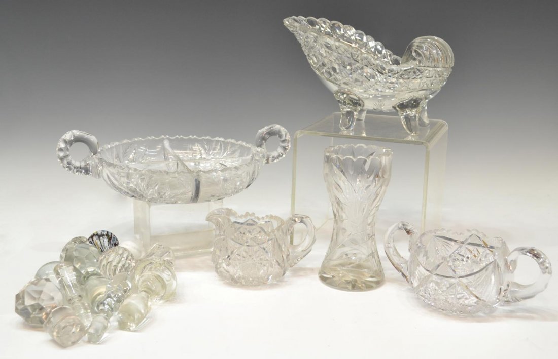 (16) COLLECTION CUT GLASS & GLASS BOTTLE STOPPERS: (lot of 16) Collection of American Brilliant period cut glass, comprising: (1) footed bowl in the form of a shell, 5"h, 8.25"w; (1) small vase decorated with flowers and foliage, 6"h; (2) creamer and 