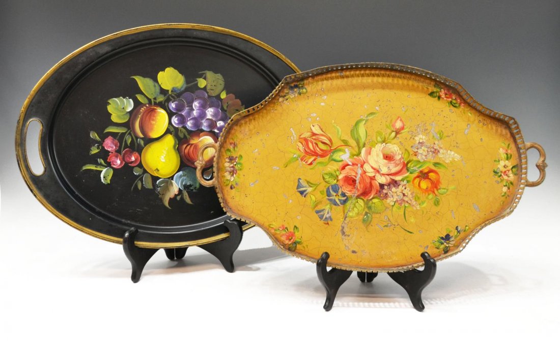 (2) TOLE PAINTED TRAYS: (lot of 2) Toleware trays having painted floral designs, comprising: (1) with handles and pierced gallery, 20"l, 12"w; (1) retaining tag for Nashco, artist signed, 19.75"l, 14"w; 4.75lbs total Start P