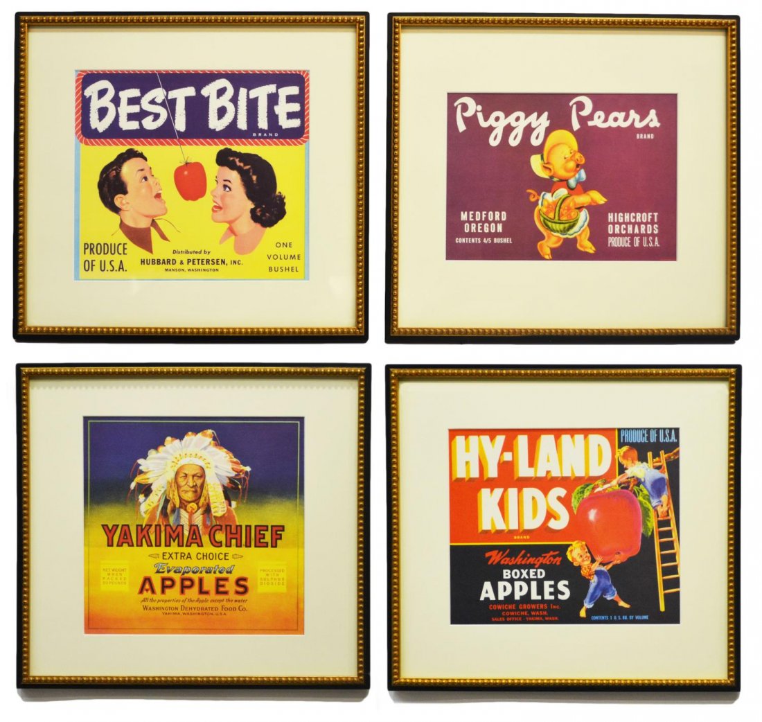 (4) GROUP OF COLOR FRUIT CRATE LABEL PRINTS: (lot of 4) Collection of prints on paper, each a fruit crate labels, including (1) Piggy Pears of Medford Oregon, (1) Best Bite from Hubbard and Petersen, Inc. of Washington, (1) Yakima Chief Evaporat