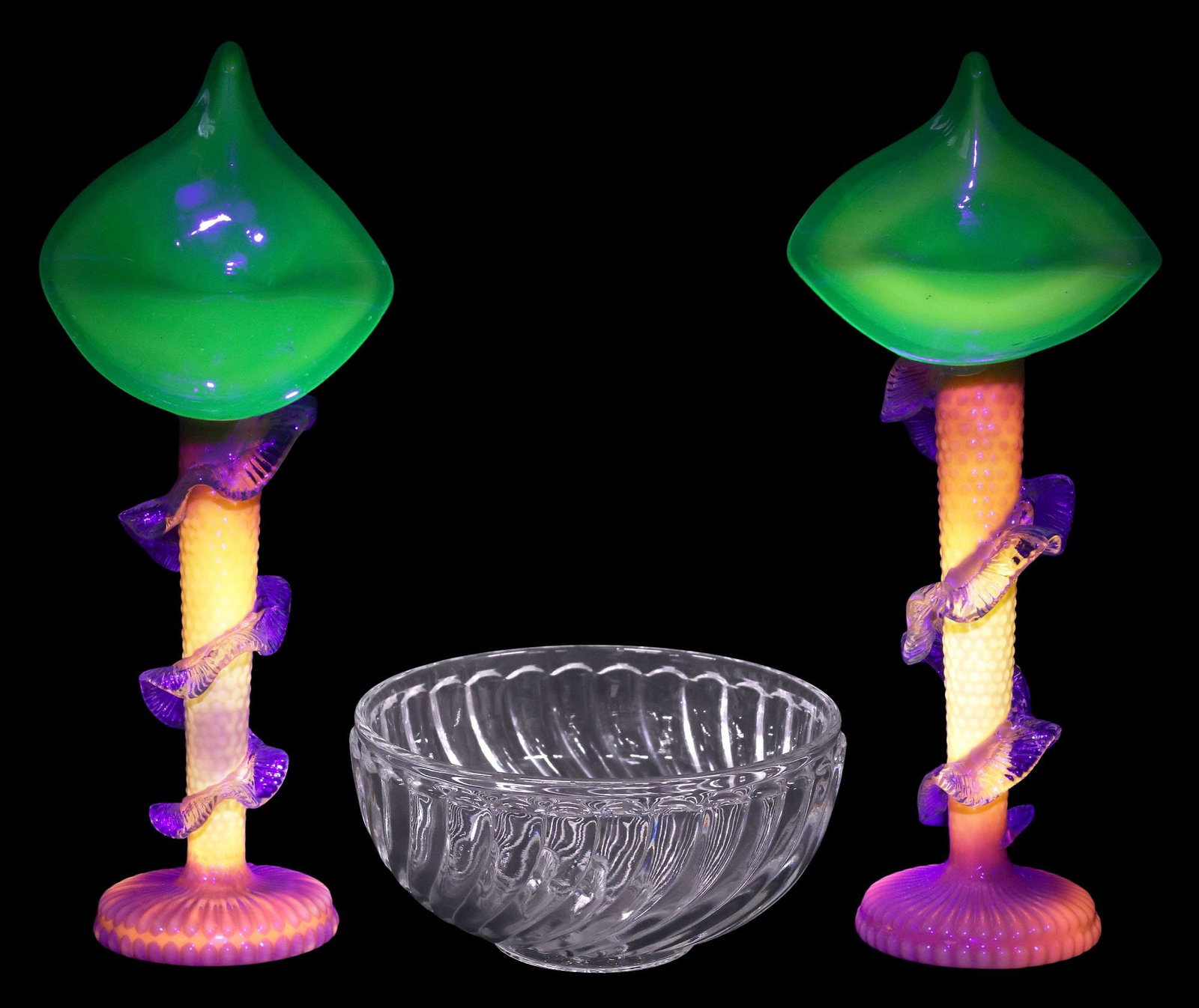 (3) UNUSUAL ART GLASS JACK-IN-THE-PULPIT VASES & BACCARAT SWIRL BOWL: (lot of 3) Group of art glass and crystal table items: (pair) unusual Jack-in-the-pulpit or lily vases, each having cased glass green and yellow bowl, applied clear rigaree, encircling the hobnail ste