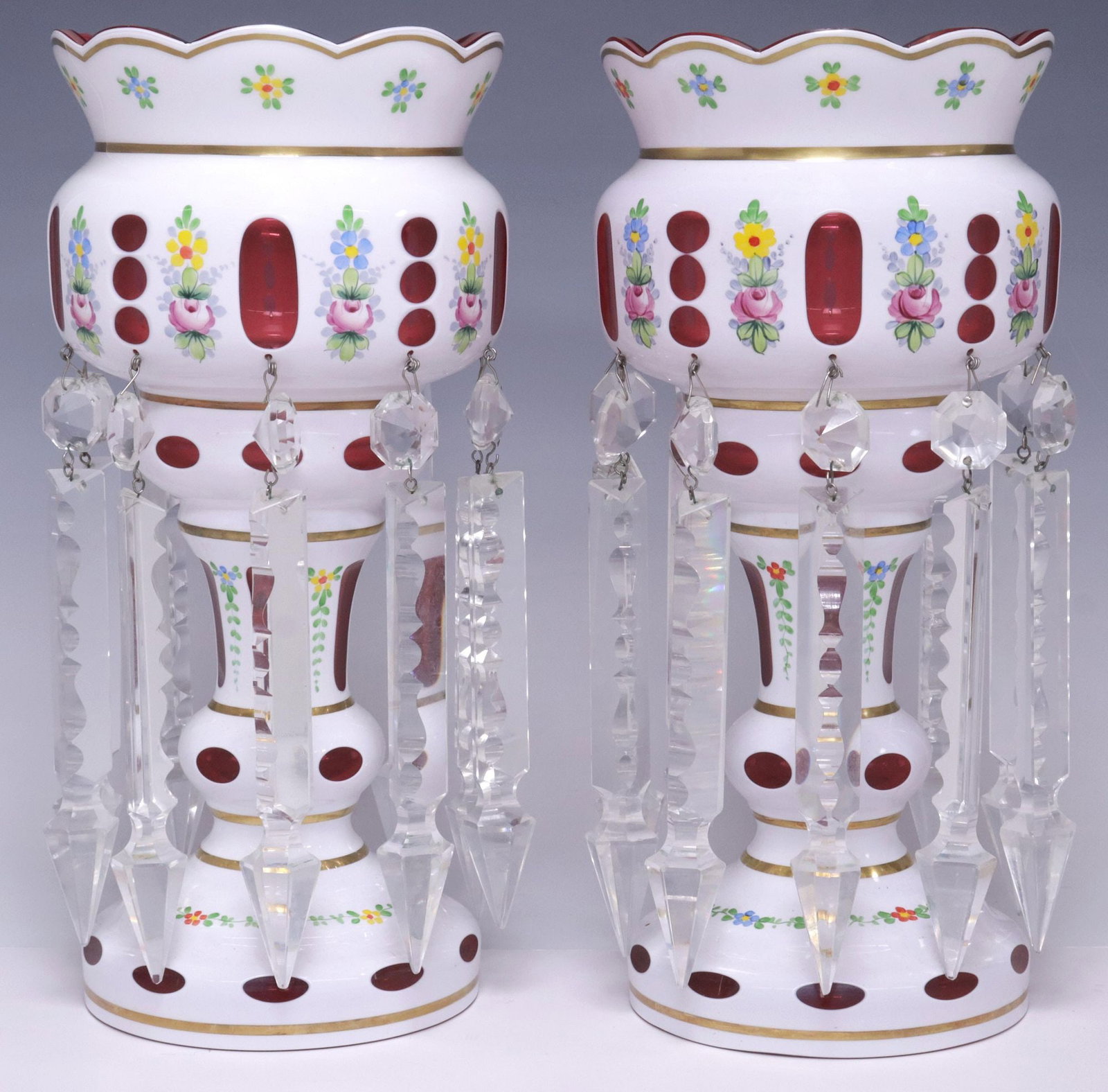 (2) BOHEMIAN WHITE OVERLAY CUT TO CRANBERRY GLASS MANTEL LUSTERS (1 of 6)