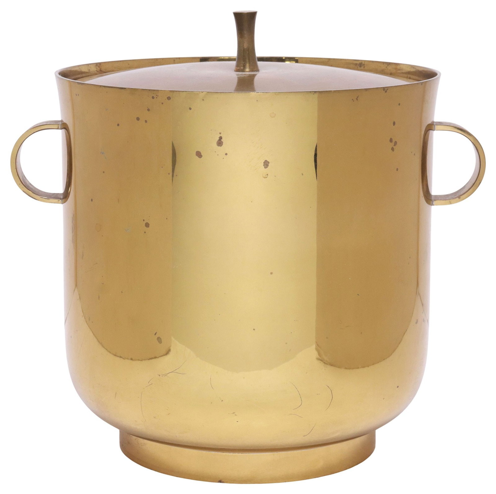 TOMMI PARZINGER (D.1981) FOR DORLYN MID-CENTURY MODERN BRASS ICE BUCKET: Mid-century modern brass champagne/ ice bucket, designed by Tommi Anton Parzinger (German, 1903-1981), for Dorlyn Silversmiths, having cover with waisted cylindrical finial, dual looped handles, vacuu