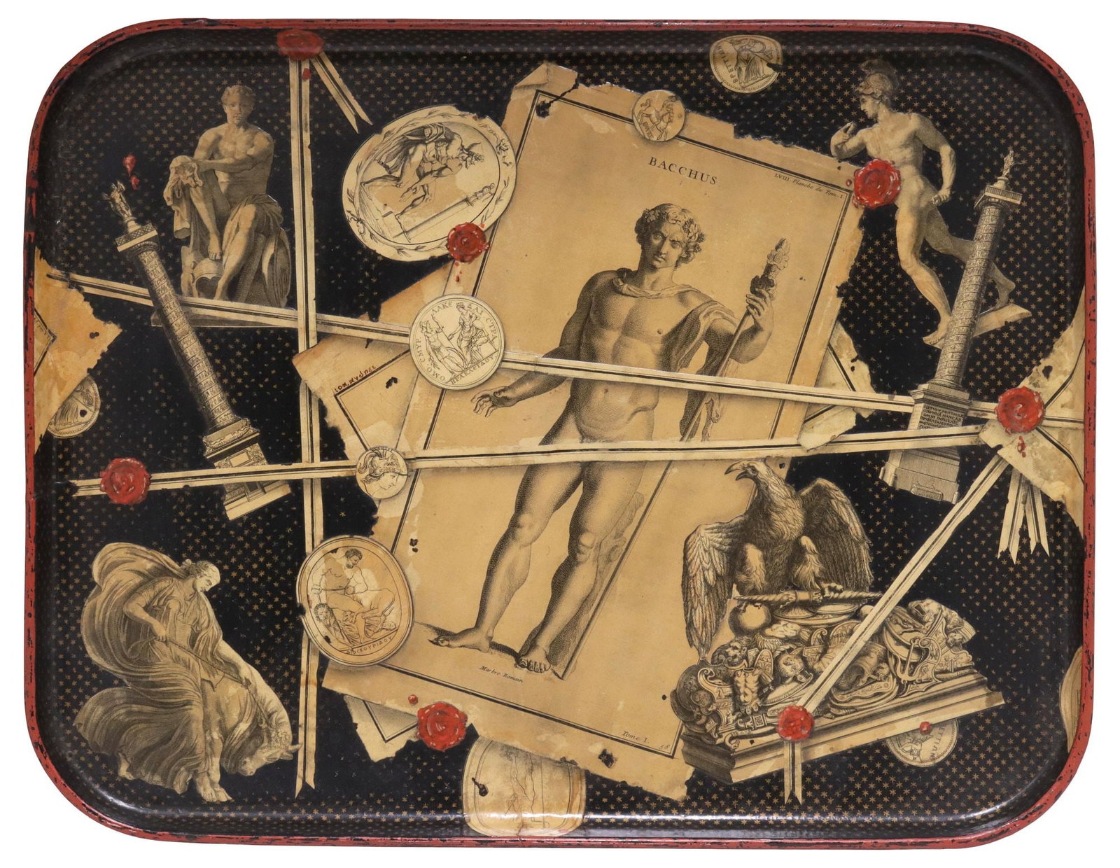 STYLE OF FORNASETTI PARCEL-GILT LACQUERED PAPIER MACHE SERVING TRAY (1 of 3)