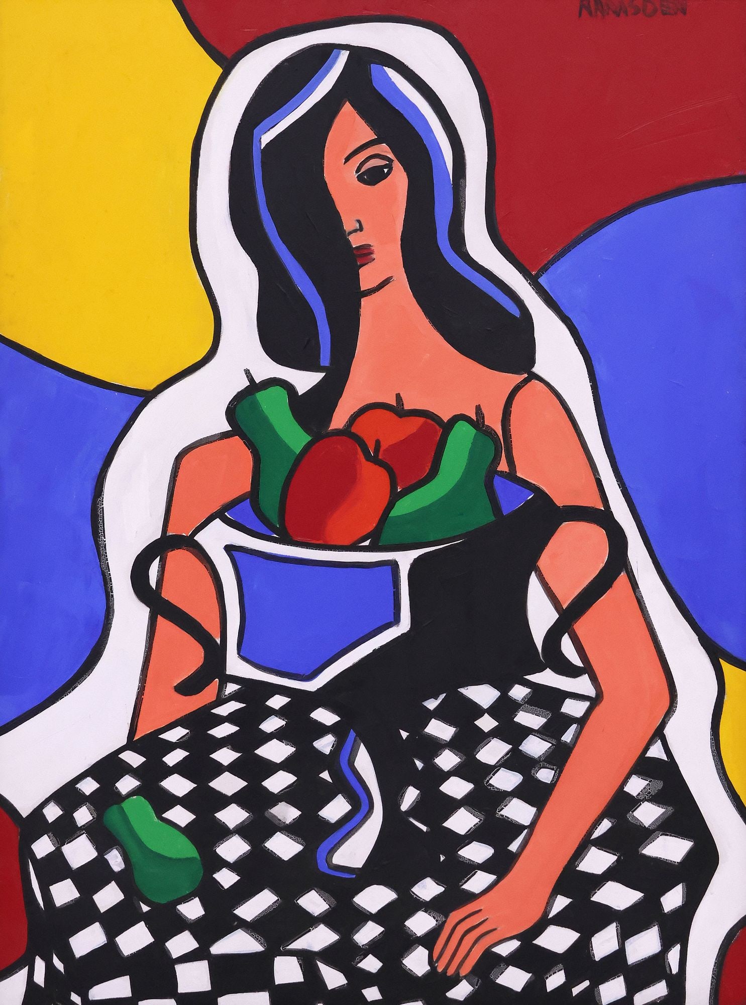 ALMA RAMSDEN (20TH C.) PAINTING, FEMALE PORTRAIT WITH FRUIT, 40" X 30": Framed oil on canvas painting, Seated Female Portrait with Bowl of Fruit, signed upper right Ramsden (Alma Ramsden, American, 20th c.), sight: approx 39.5"h, 29.5"w, overall: approx 43.25"h, 33.25"w, 