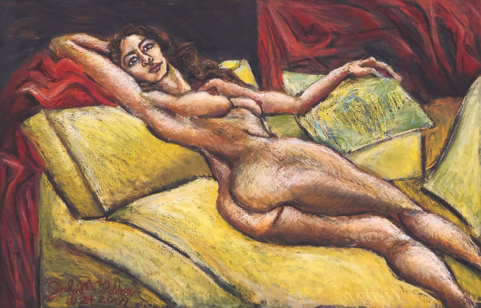 SIGNED JOHN M. DALTON (20TH C.) RECLINING FEMALE NUDE PAINTING, 24" X 36": Framed oil painting on canvas, Reclined Female Nude, signed lower right John M. Dalton (20th c.), dated 10.24.2009 (October 24th, 2009), sight: approx 23 5/8"h, 35 5/8"w, overall: approx 36 5/8"h, 48 