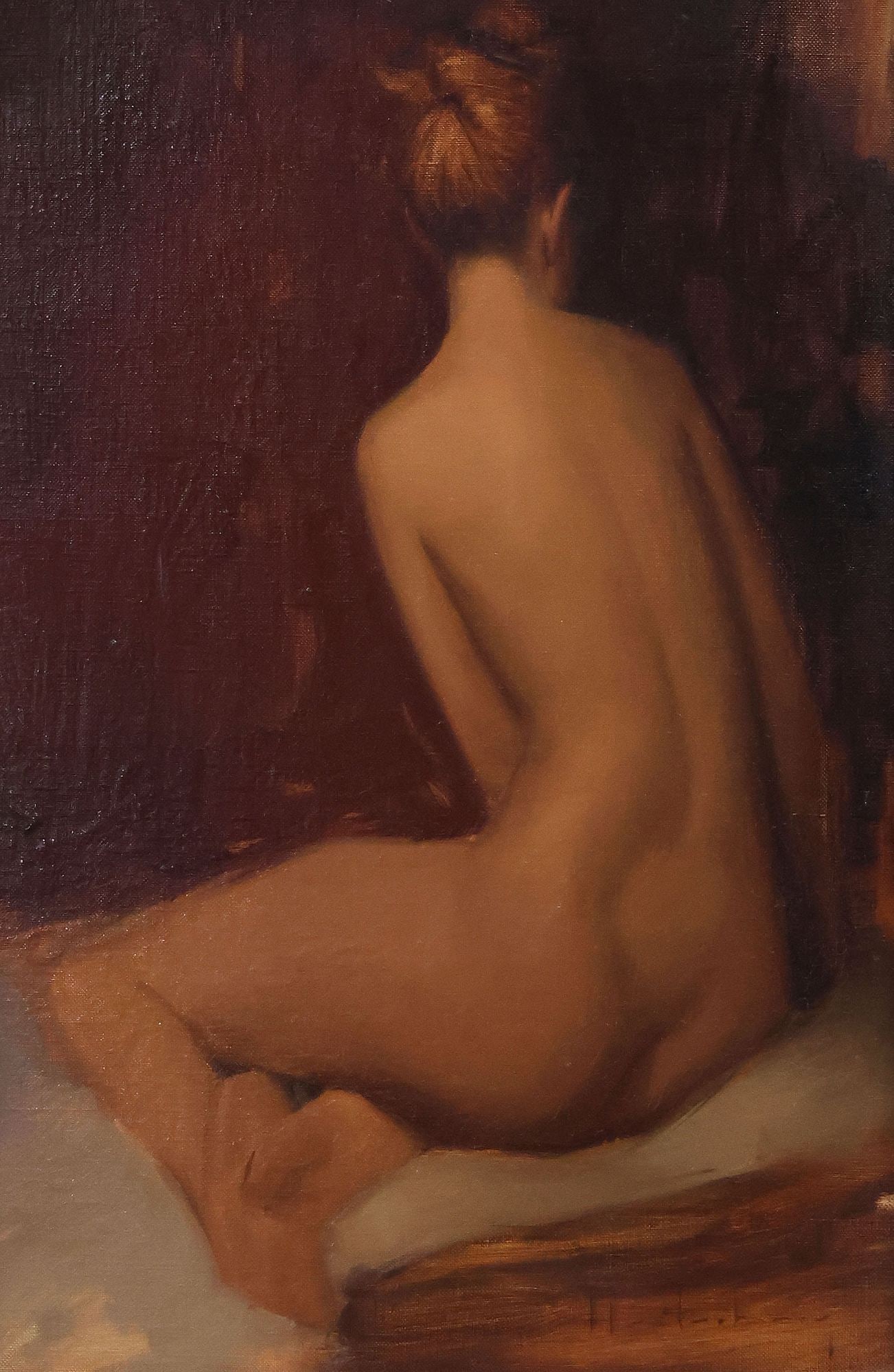 AARON WESTERBERG (20TH C.) OIL PAINTING, SEATED FEMALE NUDE, 18" X 12": Framed oil on canvas painting, Seated Female Nude, signed lower right Westerberg (Aaron Westerberg, California, b.1974), sight: approx 17.5"h, 11.5"w, overall: approx 23.5"h, 17.75"w, 6lbs