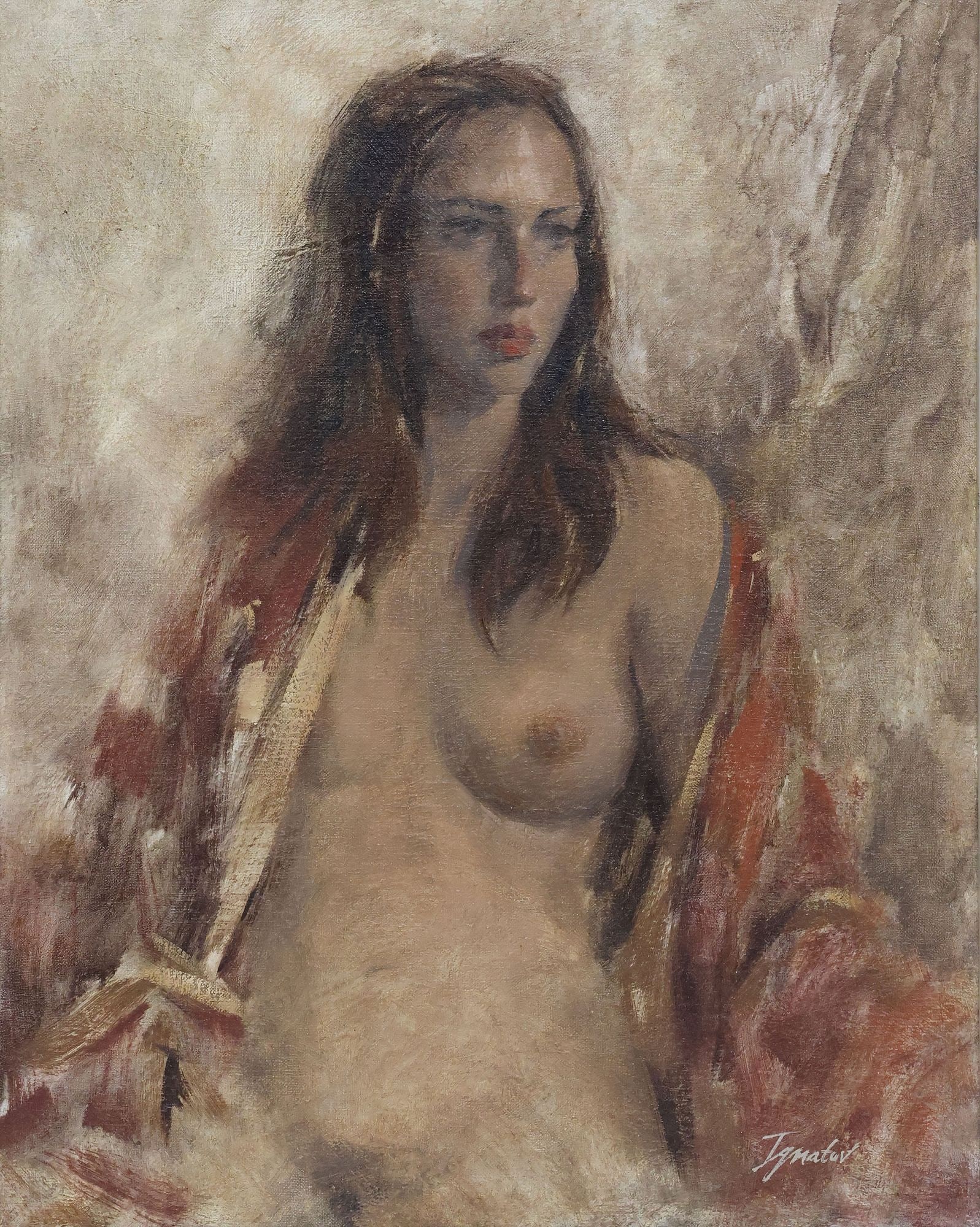 IGNAT IGNATOV (B.1978) FEMALE NUDE OIL PAINTING, 'GIRL WITH A RED ROBE': Framed oil on canvas painting, "Girl With A Red Robe," signed lower right Ignatov (Ignat Ignatov, Bulgarian, active in California, b.1978), titled with artist's label verso, sight: approx 19.5"h, 15.5