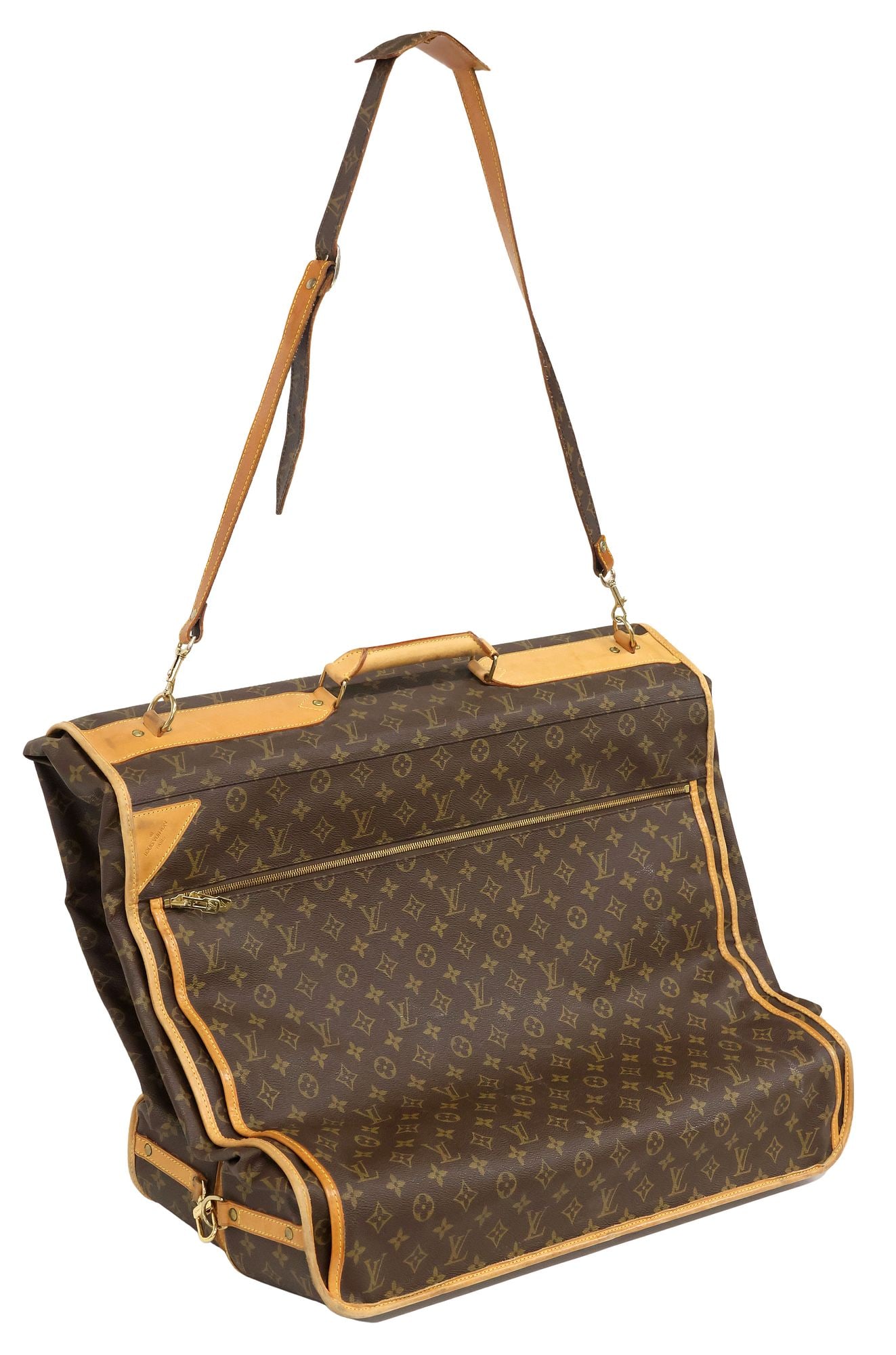 LOUIS VUITTON MONOGRAM CANVAS GARMENT TRAVEL BAG: Louis Vuitton travel garment bag, in brown monogram coated canvas, with tan vachetta leather tri, gold-tone metal hardware, rolled top handle and metal hanging hook at opposite end, clasp closure at e
