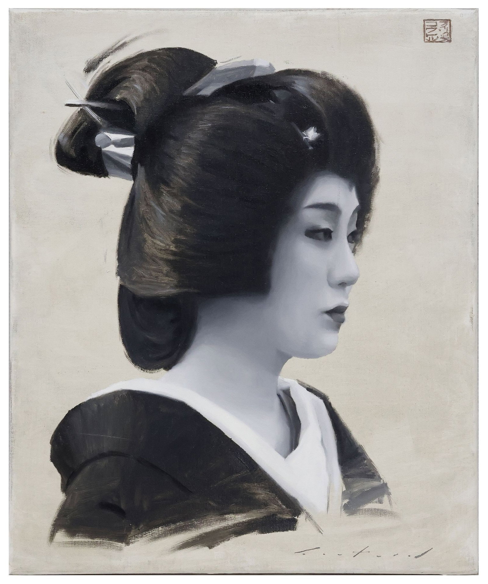 PHIL COUTURE (B.1984) BIJIN-GA STYLE OIL PAINTING, PORTRAIT OF A GEISHA (1 of 3)