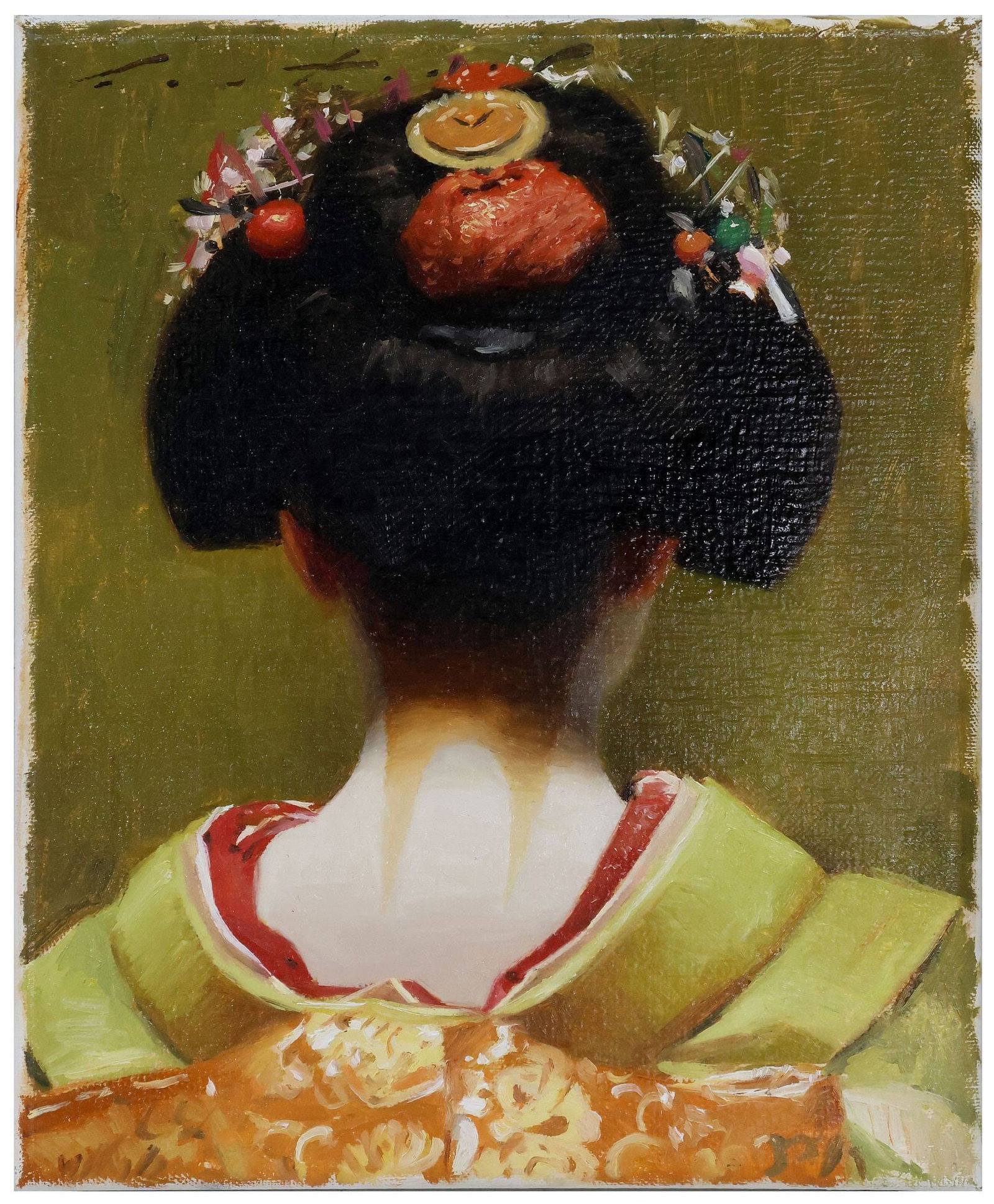 PHIL COUTURE (B.1984) BIJIN-GA STYLE OIL PAINTING, PORTRAIT OF A GEISHA (1 of 3)