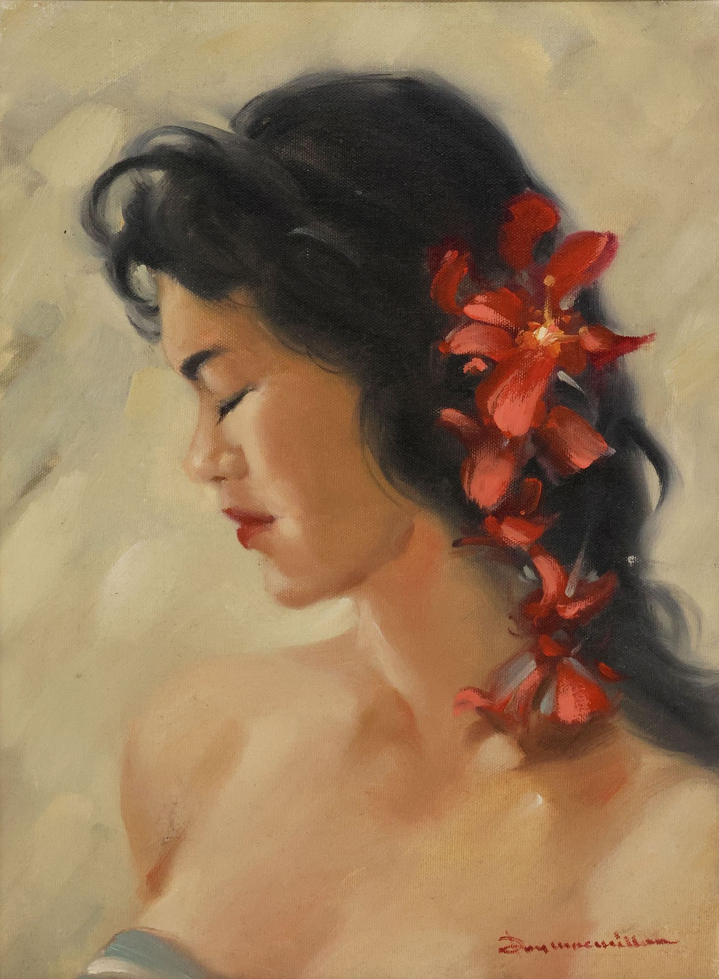 SIGNED OIL ON CANVAS PAINTING, PORTRAIT OF A GIRL WITH FLOWERS (1 of 8)