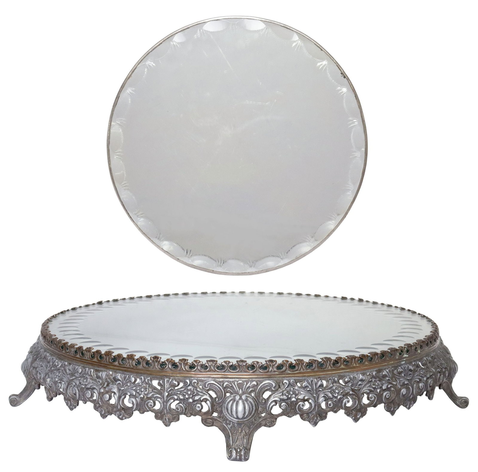 (2) MIRRORED TABLE PLATEAUS, WITH UNDERGLASS & CUT GLASS ACCENTS (1 of 6)