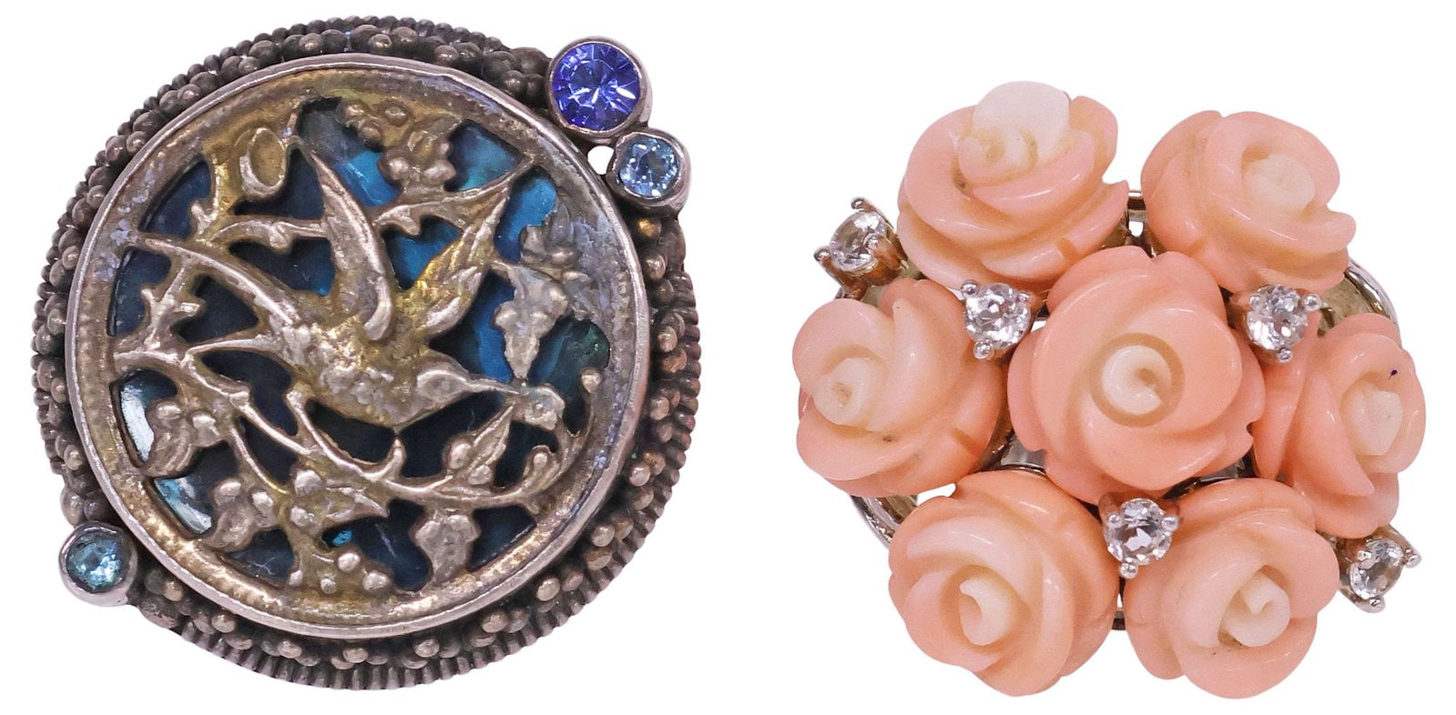 (2) ESTATE STERLING SILVER, GEMSTONE, & PINK CORAL RINGS, 1 MARS + VALENTINE: (lot of 2) Estate sterling silver costume rings, each with hallmarks and maker's marks, varied makers and designs, including: (1) Gold Stone Jewelry carved pink coral roses and colorless stones on spl