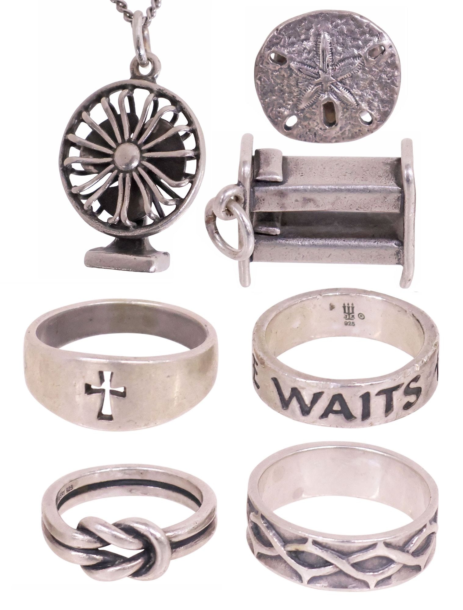 (7) JAMES AVERY STERLING SILVER JEWELRY, RINGS, CHARMS, & TIE TACK, RETIRED: (lot of 7) James Avery sterling silver jewelry, each hallmarked .925, with maker's mark, including: (1) "Wide Crosslett" ring, approx size: 8.5; (1) True Love Waits ring, with stamped cross motif, app
