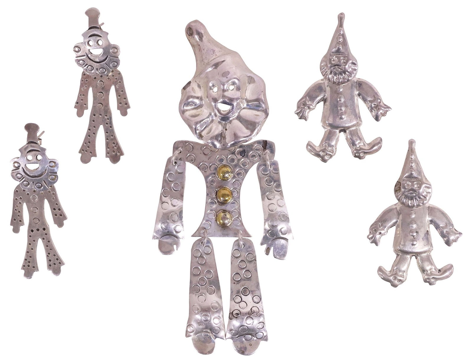 (3) TAXCO MEXICO STERLING & SILVER ARTICULATED CLOWN BROOCH & EARRINGS: (lot of 3) Novelty silver jewelry group, Taxco, Mexico, in the form of a jointed clown with articulated head and limbs, including: (pair) sterling earrings, marked TV-AH? Mex 925, approx 2.25"h, 0.75"