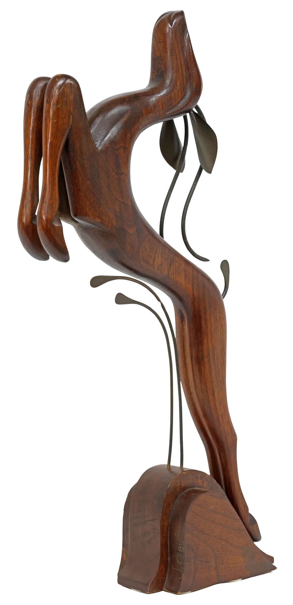 SIGNED ART DECO CARVED MAHOGANY & BRASS 'LEAPING GAZELLE' SCULPTURE: Art Deco carved mahogany and patinated brass sculpture, Leaping Gazelle, stylized signature in filigree J. Qeular(?), rising on sloped base, small chips to edges of base, approx 25.75"h, 17"w, 4"d, 4.