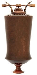 MATTHEW HATALA (B.1952) LACQUERED & TURNED WOOD LIDDED VESSEL: Large turned wood vessel with cover, signed M. Hatala (Matthew Hatala, American, b.1952), dated 12, [20]13, lacquered Snakewood, sculptural lid, tapered body, on waisted foot, top shoulder with l