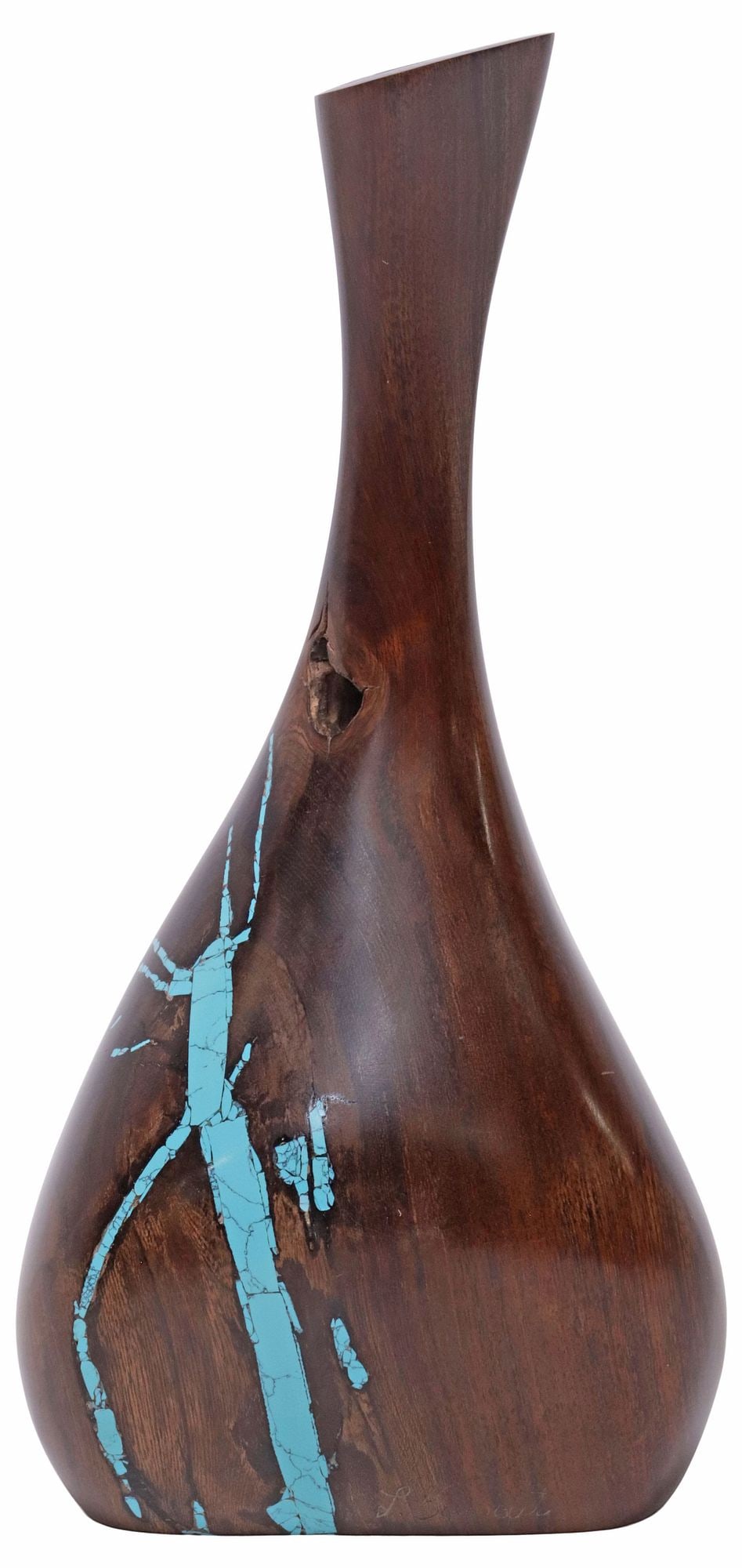 LAWRENCE FAVORITE (20TH C.) SCULPTURAL TURQUOISE INLAID IRONWOOD VASE (1 of 5)
