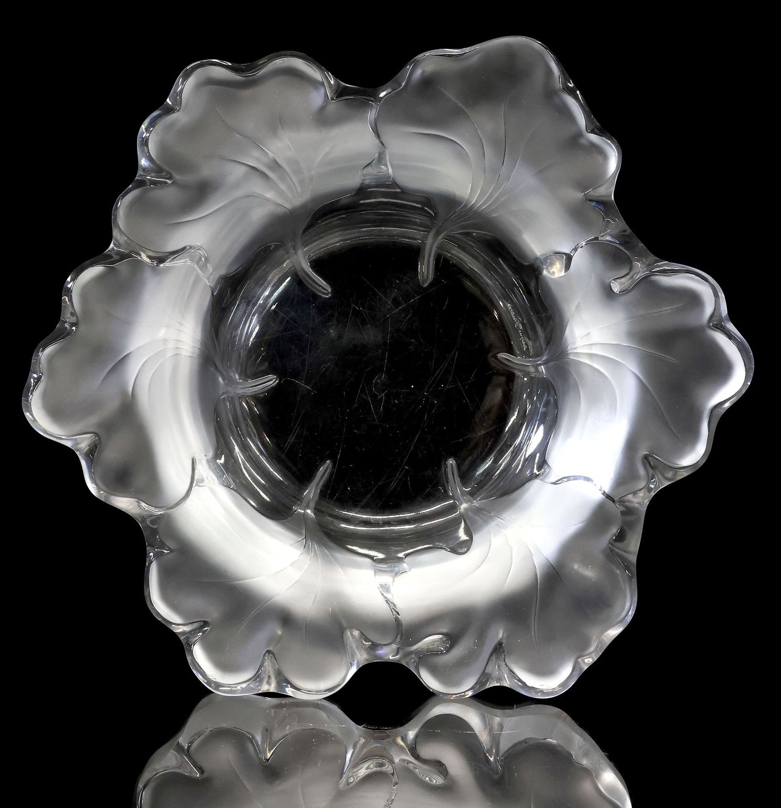 FRENCH LALIQUE 'CAPUCINES' SATIN GLASS SCALLOPED CENTERPIECE BOWL: French Lalique satin finish glass centerpiece bowl, in the "Capucines" pattern, border molded with overlapping Nasturtium leaves, engraved signature Lalique France underfoot, intact with small rim