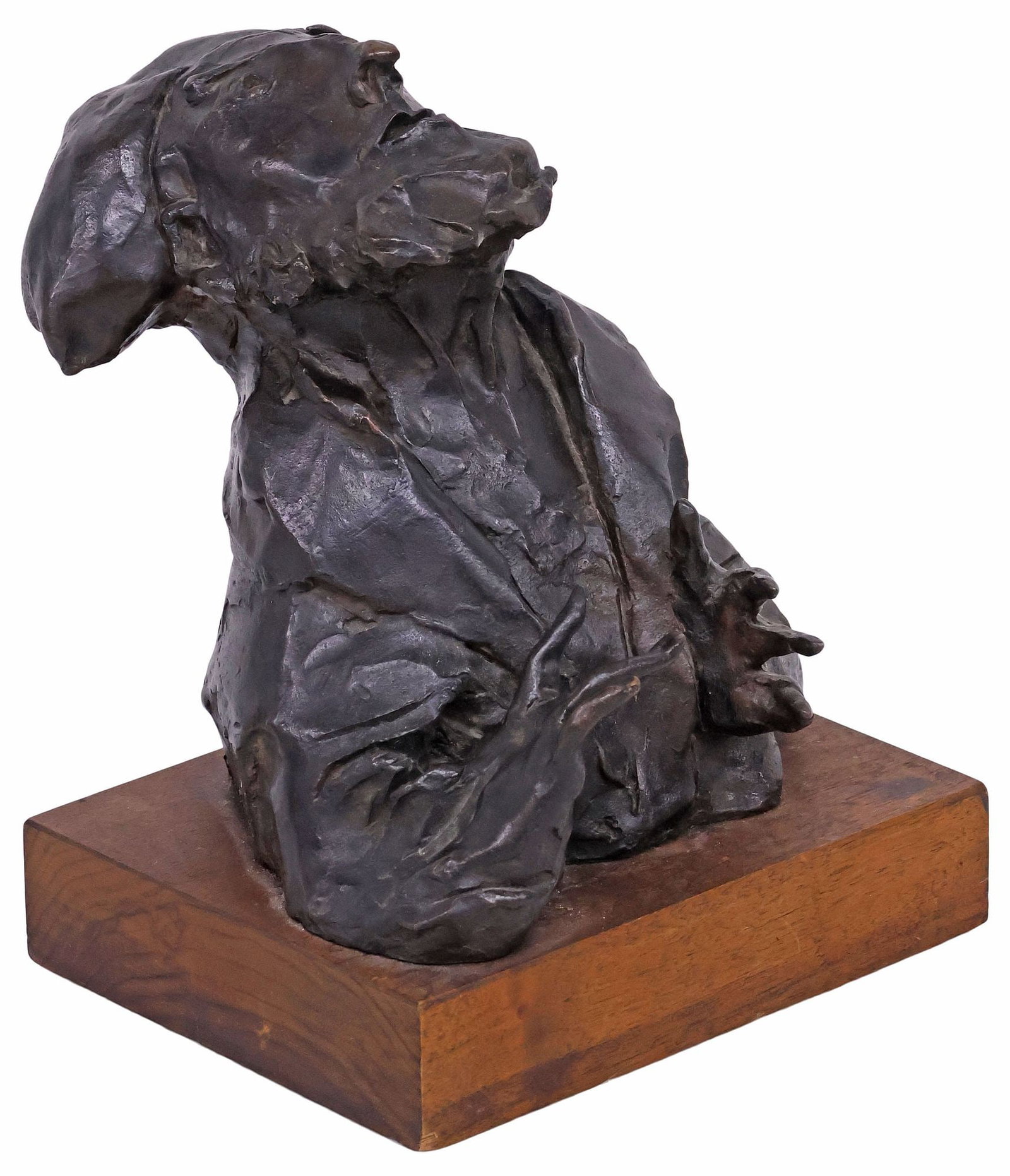 DAVID ARONSON (1923-2015) EXPRESSIONIST BRONZE SCULPTURE, RABBI BUST: Patinated bronze sculpture, Bust of a Scholar, signed in cast Aronson (David Aronson, Lithuanian-American, 1923-2015), numbered 13/ 250, with worn foundry mark, rising on integral wood base, bronze