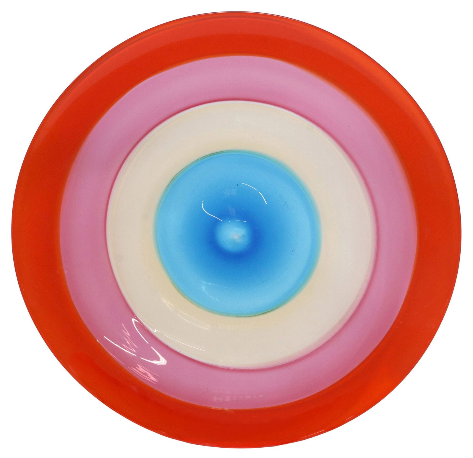 LARGE RAINBOW COLORED STUDIO ART GLASS CENTERPIECE BOWL, 24.5"DIAM: Large studio blown art glass centerpiece bowl, with rainbow-colored stripes, apparently unsigned, approx 24.5"diam, 7.5lbs **Provenance: Fred Nevill Antiques, one of Houston Texas' foremost antiques