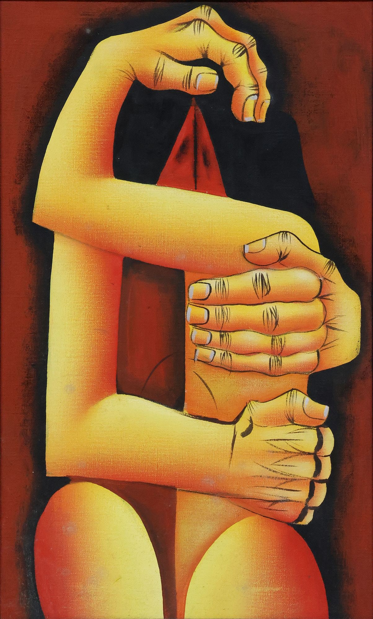 MANNER OF OSWALDO GUAYASAMIN (ECUADORIAN, D.1999) PAINTING, THE LOVERS: Framed oil on canvas painting, Embracing Couple, in the manner of Oswaldo Guayasamin (Ecuador, 1919-1999), apparently unsigned, sight: approx 20.25"h, 12"w, overall: approx 24"h, 15 5/8"w, 3.5lbs