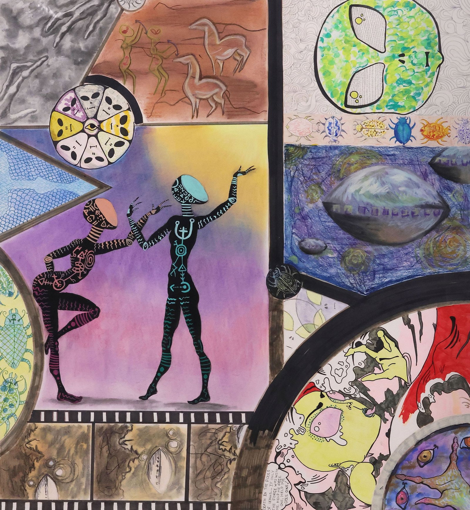 COMIC BOOK-STYLE MIXED MEDIA DRAWING, SCI FI ALIEN COMPOSITION, 44.5" X 47.5": Large framed mixed media drawing on paper, Science Fiction Composition with Aliens, with comic book-style speech bubble inscribed "Death in the pools of Venus... if only the force was with me, help
