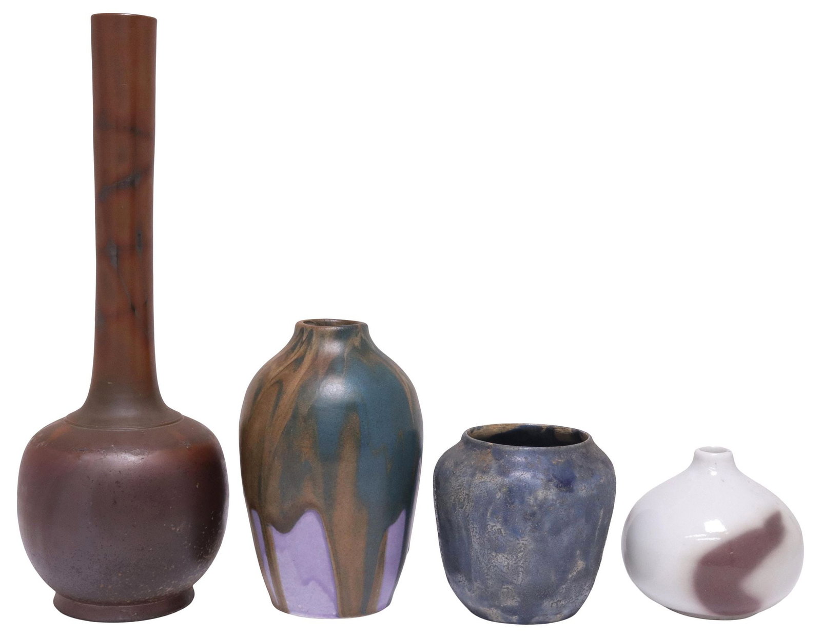 (4) STUDIO ART POTTERY VASES, FRENCH POINTU FILS, JAPANESE & OTHER: (lot of 4) Studio glazed art pottery vases, various styles and makers, including: (1) signed underfoot Pointu Fils (Jean-Marie and Leon Pointu, French, 19th c.), in a lilac, brown, and deep teal drip 