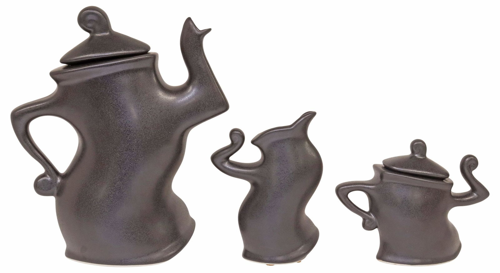 (3) MICHAEL LAMBERT CERAMIC 'DANCING' WHIMSICAL TEA SET: (lot of 3) Michael Lambert (California, b.1940) "Dancing Teapot" set, matte black glazed pottery, each piece signed by Lambert at the underside: (1) teapot with lid, approx 9.5"h,