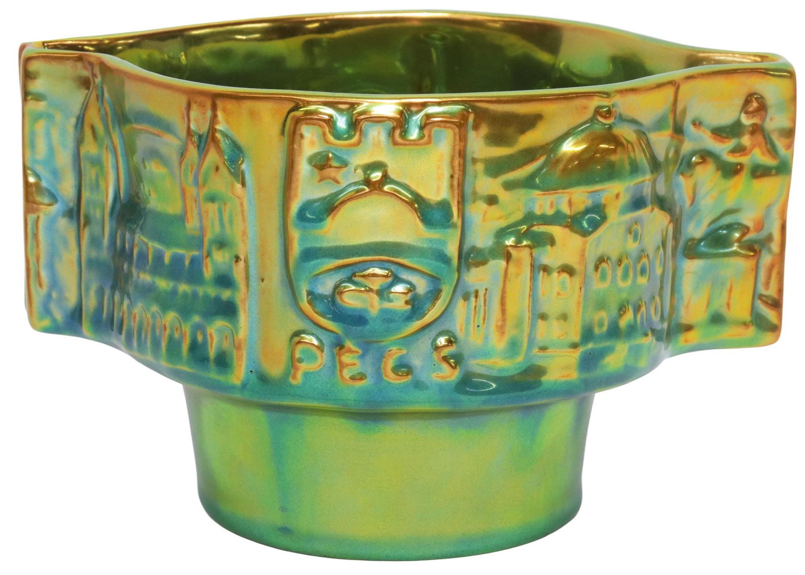 HUNGARIAN ZSLONAY PECS EOSIN METALLIC GLAZED EARTHENWARE COMMEMORATIVE VASE: Hungarian eosin glazed earthenware cachepot, Zsolnay Pecs, bright iridescent glaze, molded in relief with landmarks of Pecs, including the city coat of arms and architectural views, five churches mark