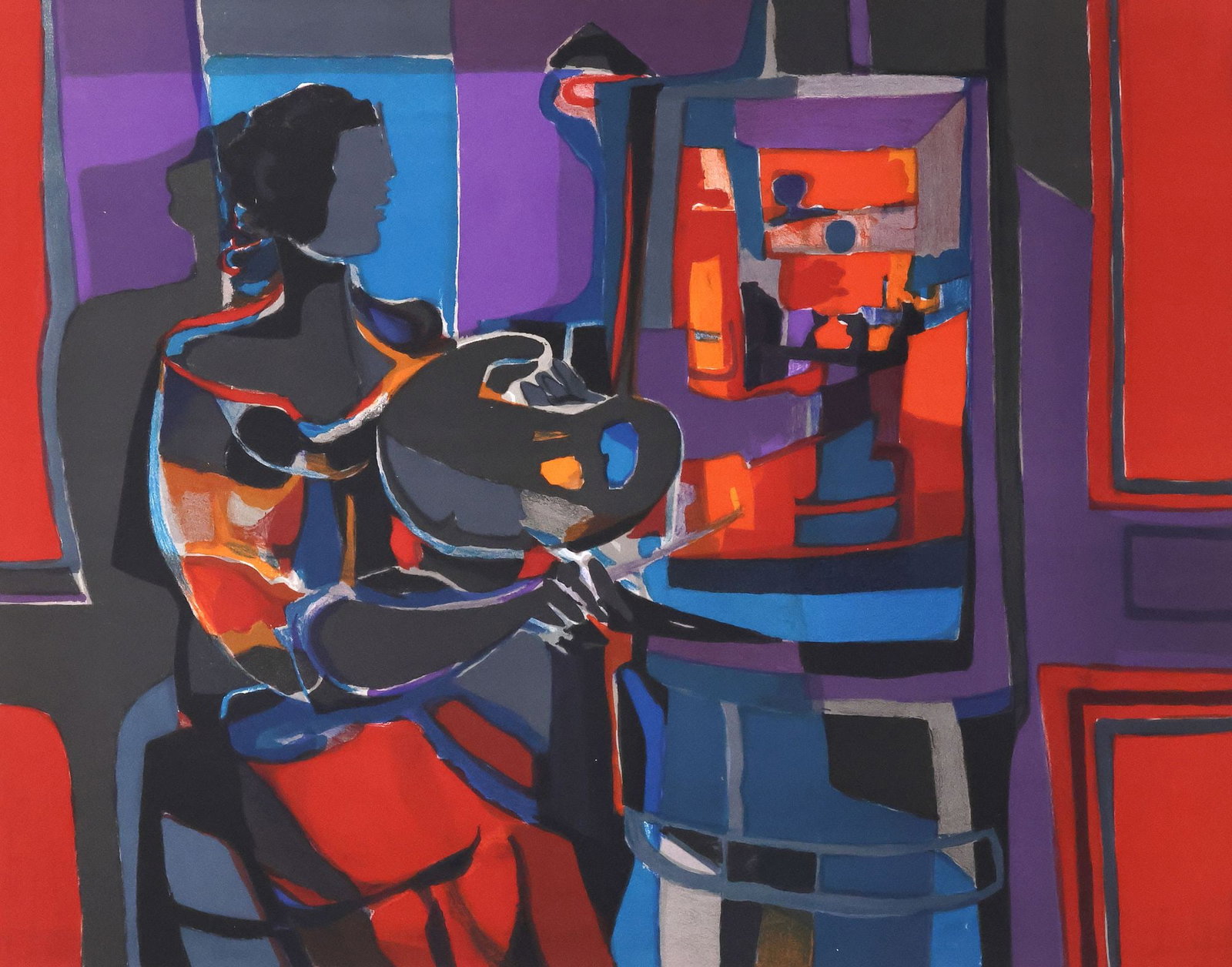 MARCEL MOULY (FRENCH, D.2008) CUBIST LITHOGRAPH, 'ARTIST DANS L'STUDIO': Unframed lithograph in colors on wove paper, "Artiste dans l'Studio (Artist in the Studio)," pencil signed lower right M. Mouly (Marcel Mouly, French, 1918-2008), numbered 91/ 220, published by Circle