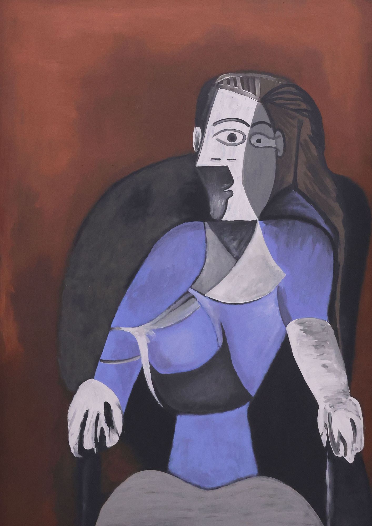 AFTER PABLO PICASSO (D.1973) CUBIST PAINTING, WOMAN SITTING IN A BLACK ARMCHAIR: Framed oil on board painting, "Femme Assise Dans un Fauteuil Noir/ Jacqueline (Woman Sitting in a Black Armchair)," after Pablo Picasso (Spanish, 1881-1973), apparently unsigned, sight: appr