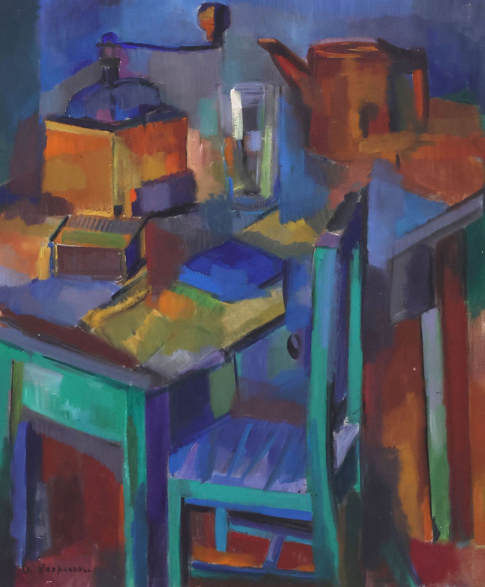 SIGNED OIL ON CANVAS PAINTING, CUBIST INTERIOR SCENE (1 of 6)