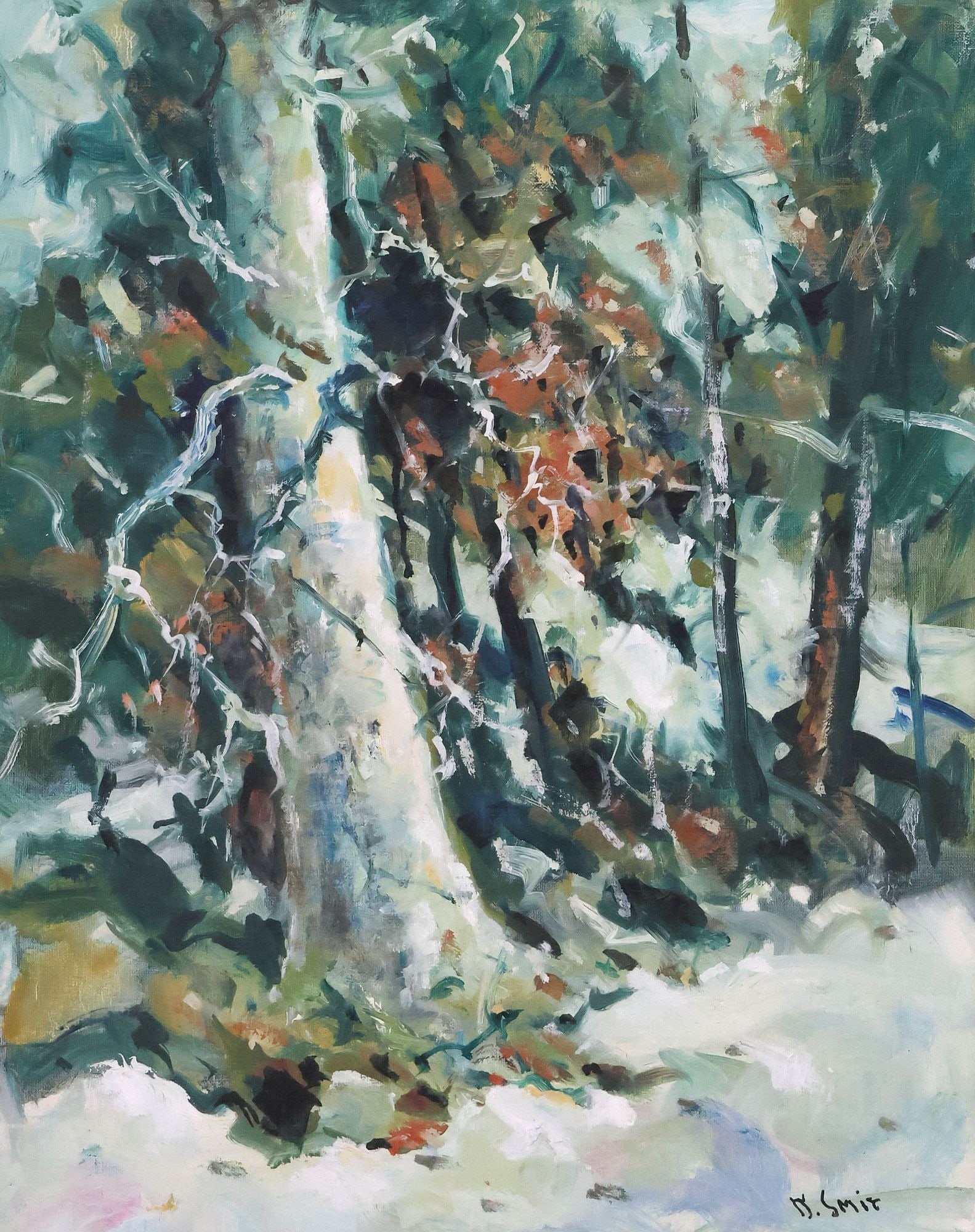 DERK SMIT (1889-1985) BOREAL FOREST LANDSCAPE OIL PAINTING: Framed oil on canvas-lined board painting, Winter Forest Landscape, signed lower right D. Smit (Derk Smit, Dutch, Illinois, California, 1889-1985), retained label issued by The Naked Wall Gallery, San