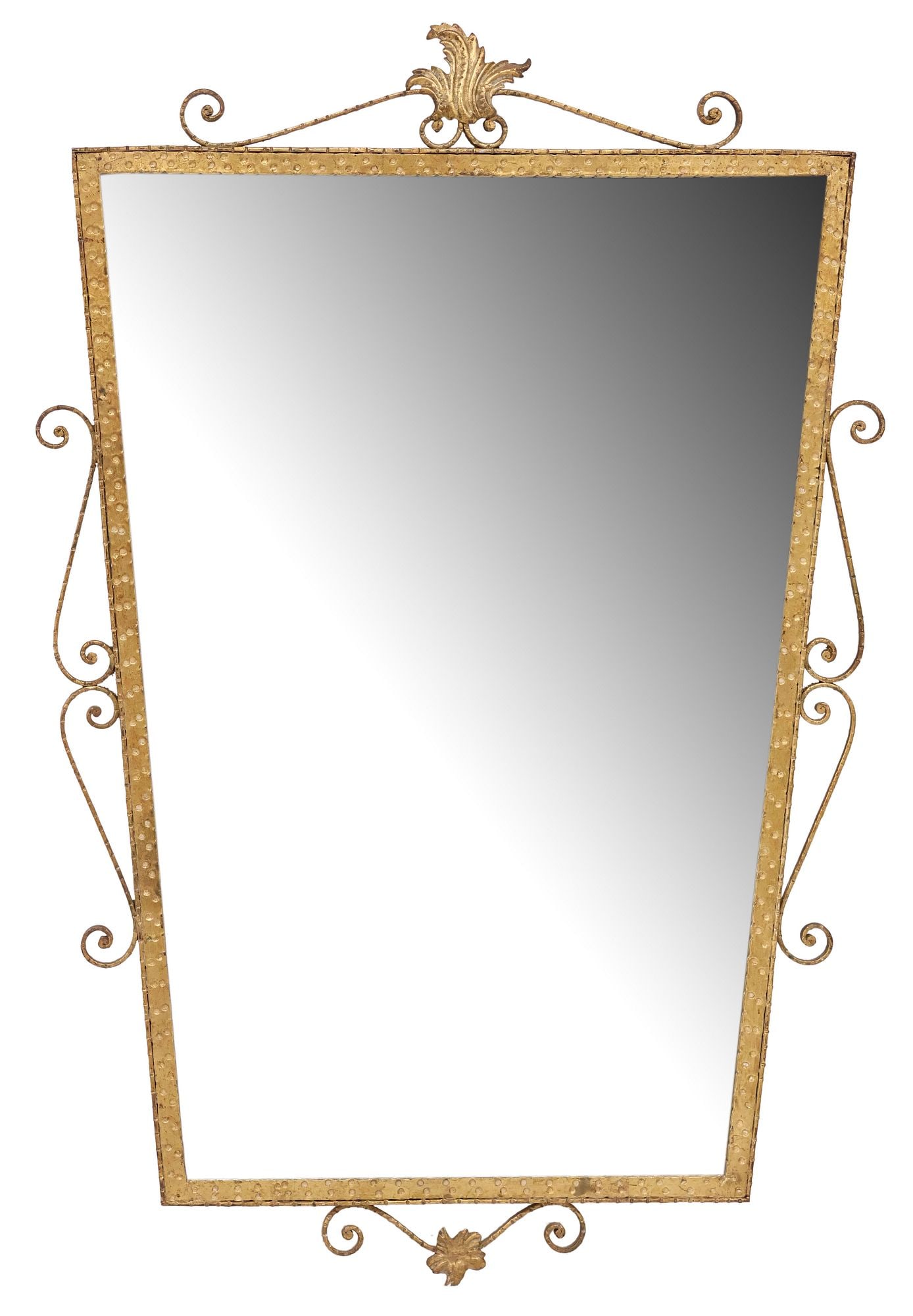 ITALIAN MID-CENTURY PIERLUIGI COLLI STYLE GILT-IRON MIRROR: Mid-century modern gilt-iron wall mirror, in the manner of Pierluigi Colli (Italian, 1895-1968), having tapering rectangular frame, with dotted accents and raised scrollwork, encasing flat mirror plat