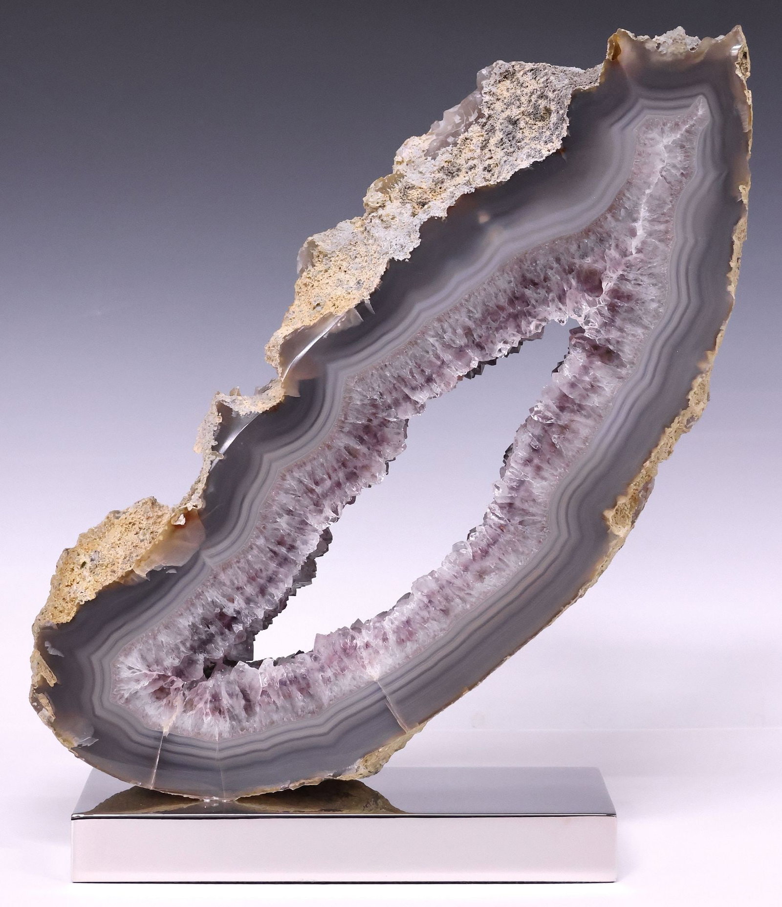 GEOLOGICAL AGATE GEODE SPECIMEN ON CHROMED NICKEL BASE (1 of 3)