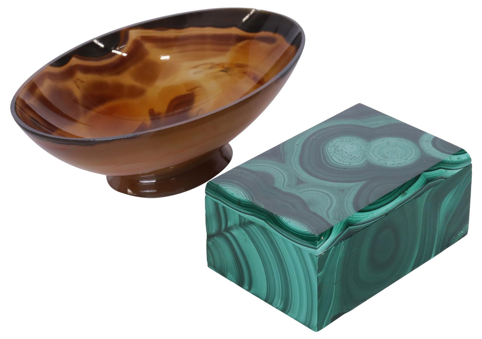 (2) GEOLOGICAL MALACHITE LIDDED TRINKET BOX & AGATE FOOTED BOWL: (lot of 2) Geological carved stone table accessories, including: (1) malachite covered rectangular box, approx 1 3/8"h, 3"w, 2"d; (1) banded agate footed ovular bowl, minute rim chips, approx 1.5"h,